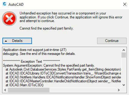 "Cannot find the specified part family" when importing InfoDrainage ...