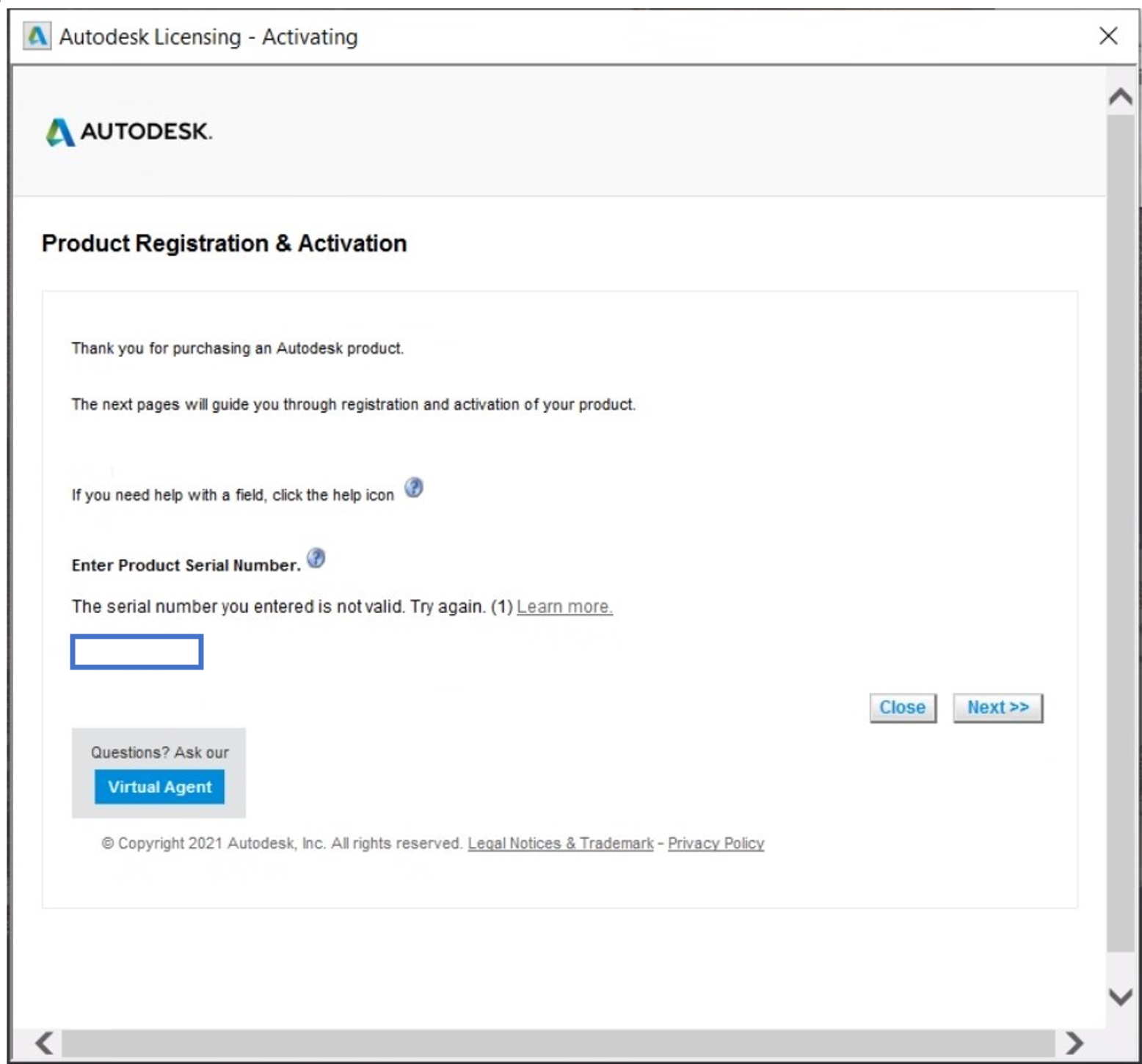 "The serial number you entered is not valid." during Autodesk software