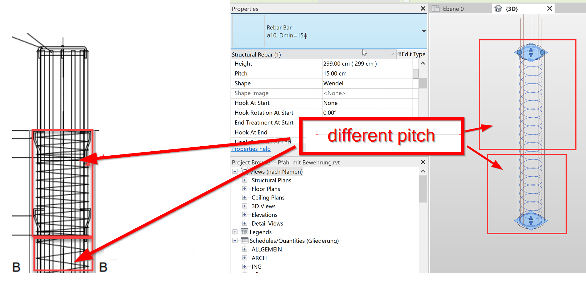 Spiral pile reinforcement with a variable pitch in Revit