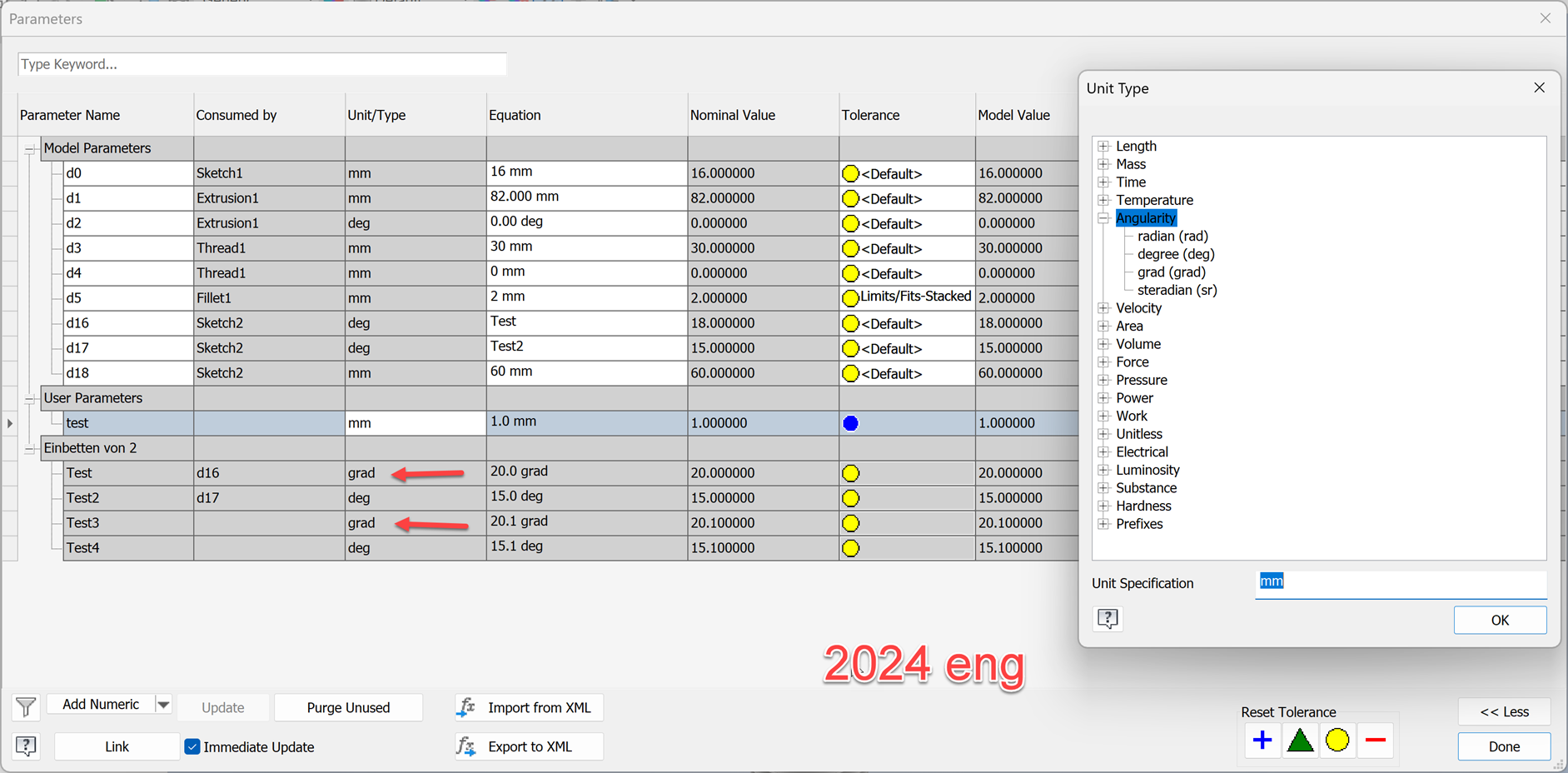 Winkeleinheitentyp ändert sich nach dem Bearbeiten der eingebetteten ExcelTabelle in Inventor