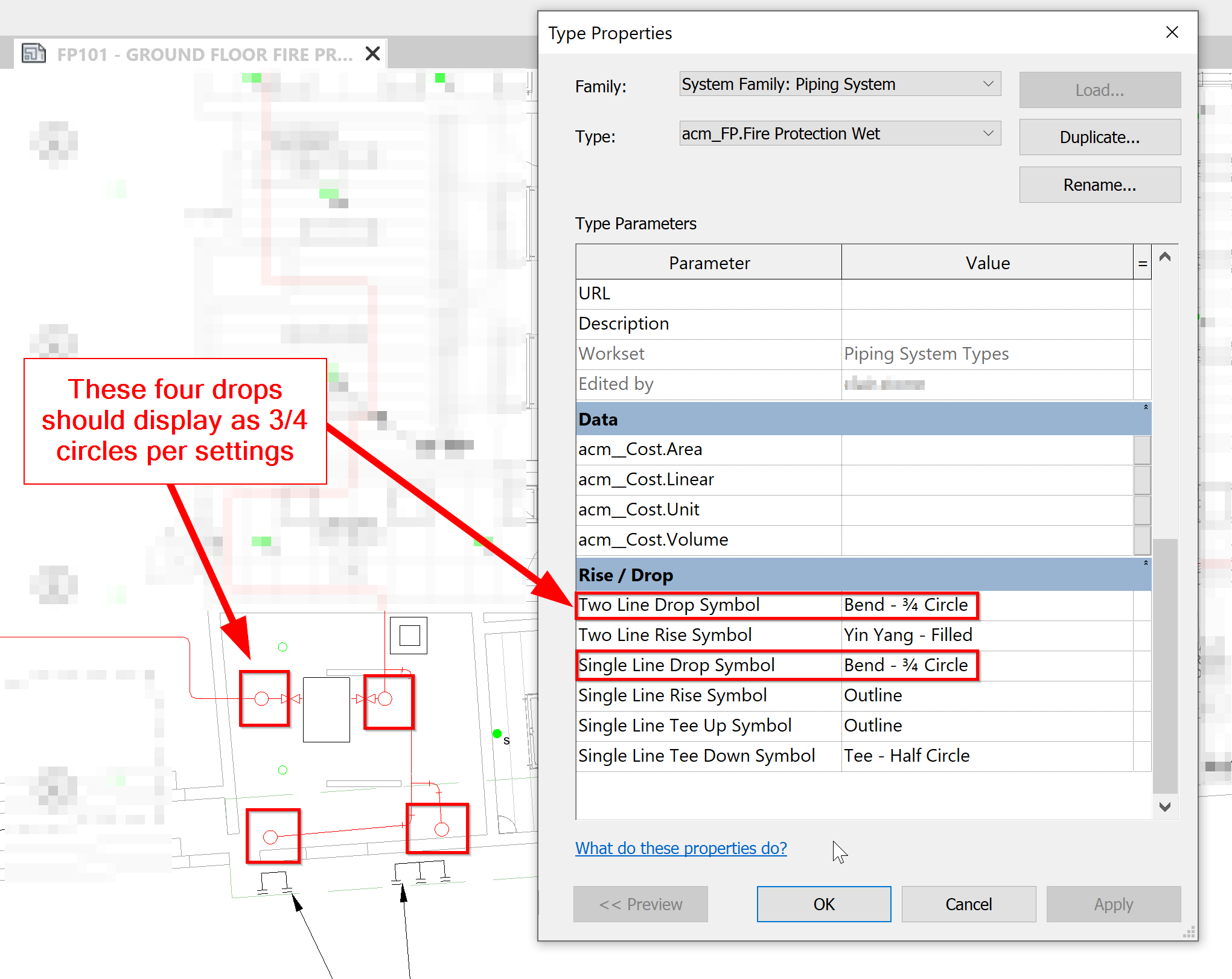 All vertical pipes shown as rises in Revit