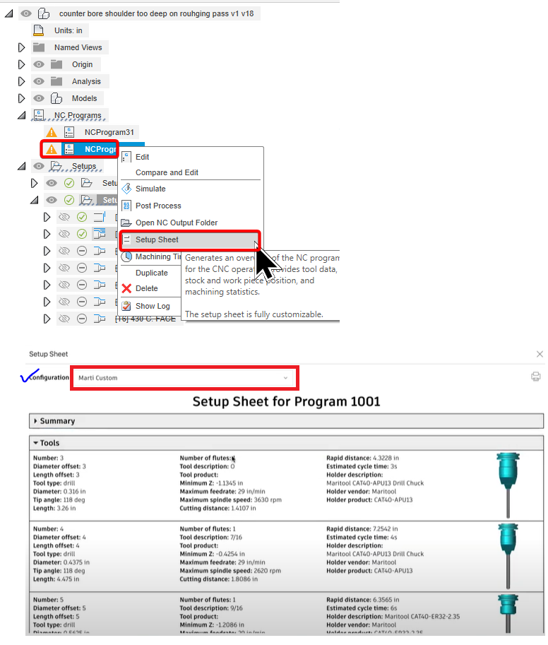 Unable to specify the Configuration when creating a Setup Sheet in Fusion