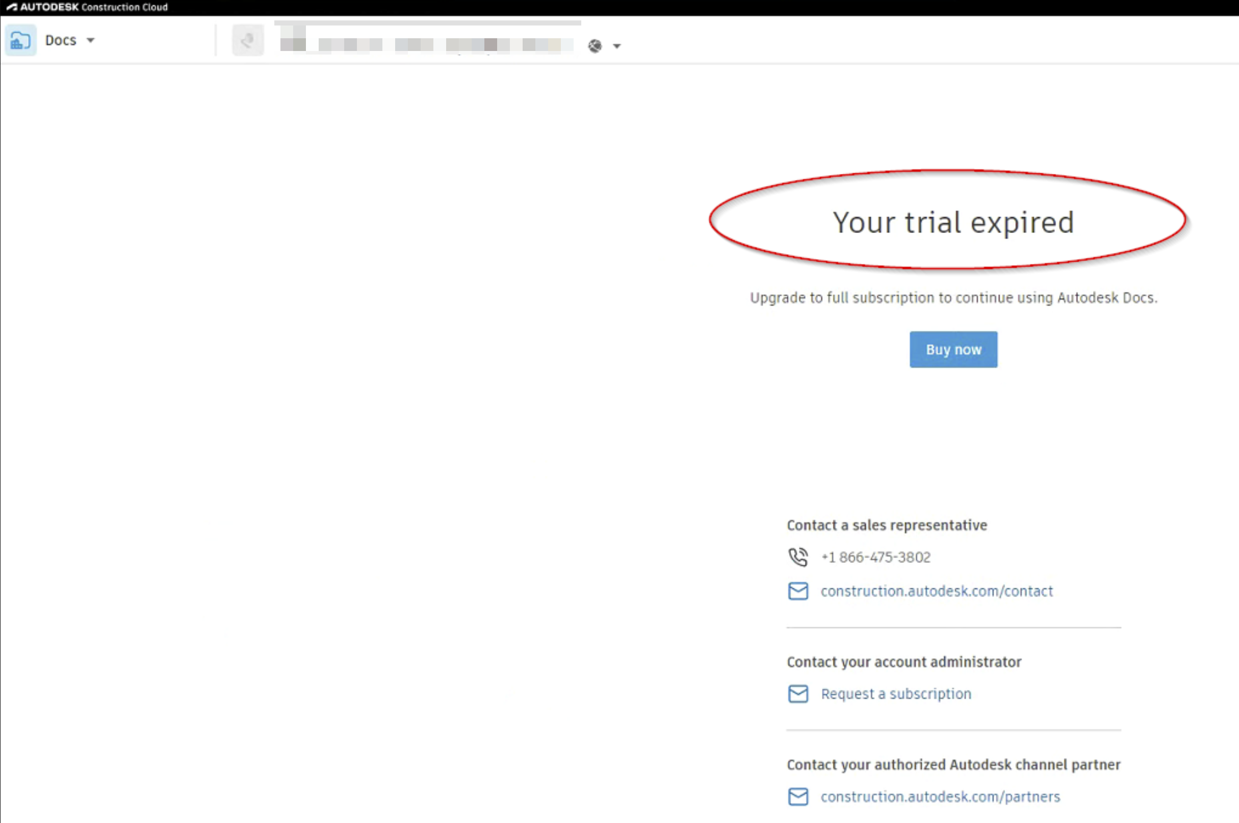 "Your trial expired" when attempting to access Autodesk Construction Cloud