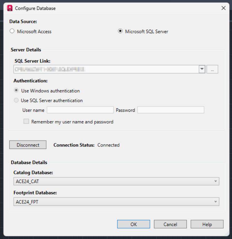 Where is the configuration of the database source stored for AutoCAD