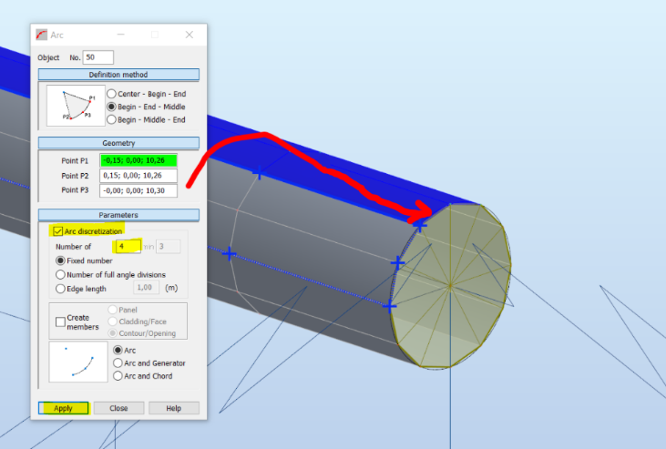 Robot Structural Analysis でポリラインに沿った円弧または円の
