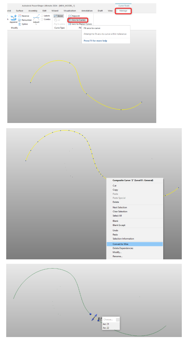 So wandeln Sie eine zusammengesetzte Kurve in PowerShape in Bögen und Linien innerhalb einer
