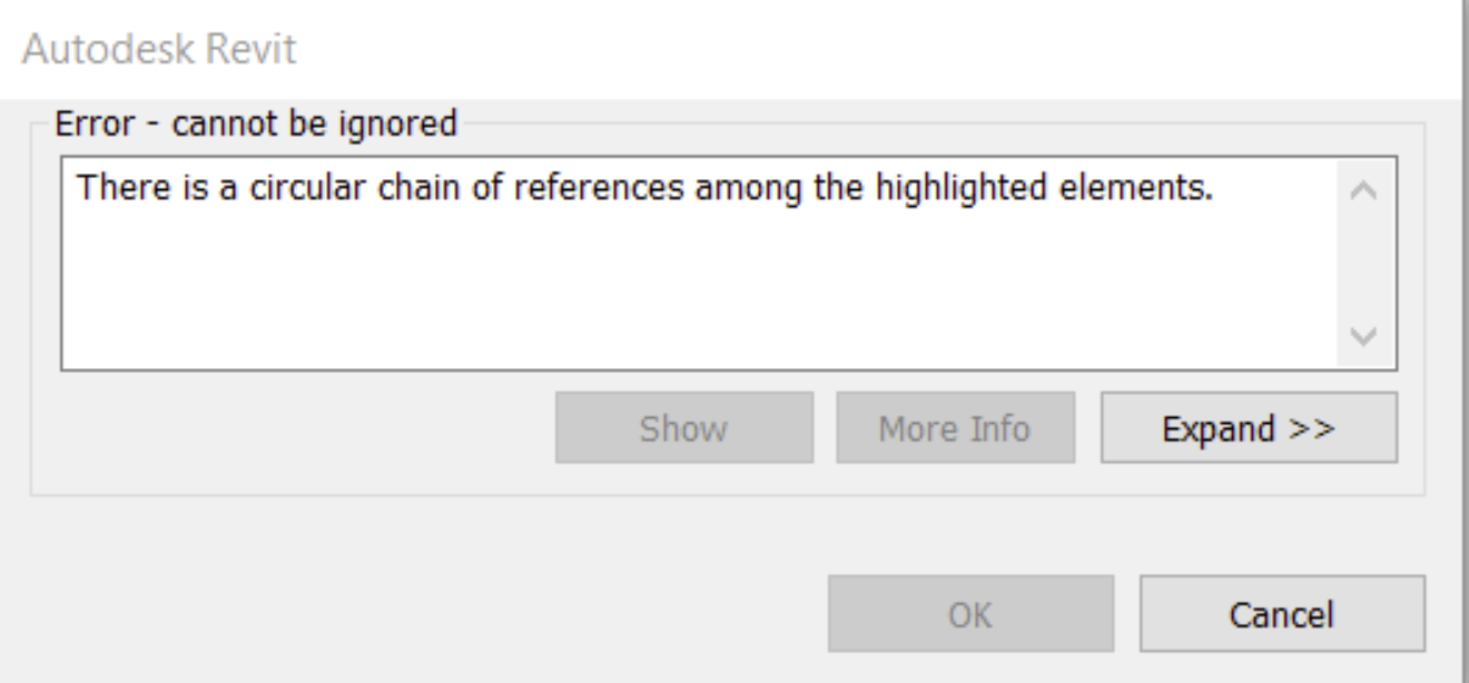 Revit プロジェクトをアップグレードする際に、「ハイライト表示された要素間に参照の循環チェーンがある」と表示される