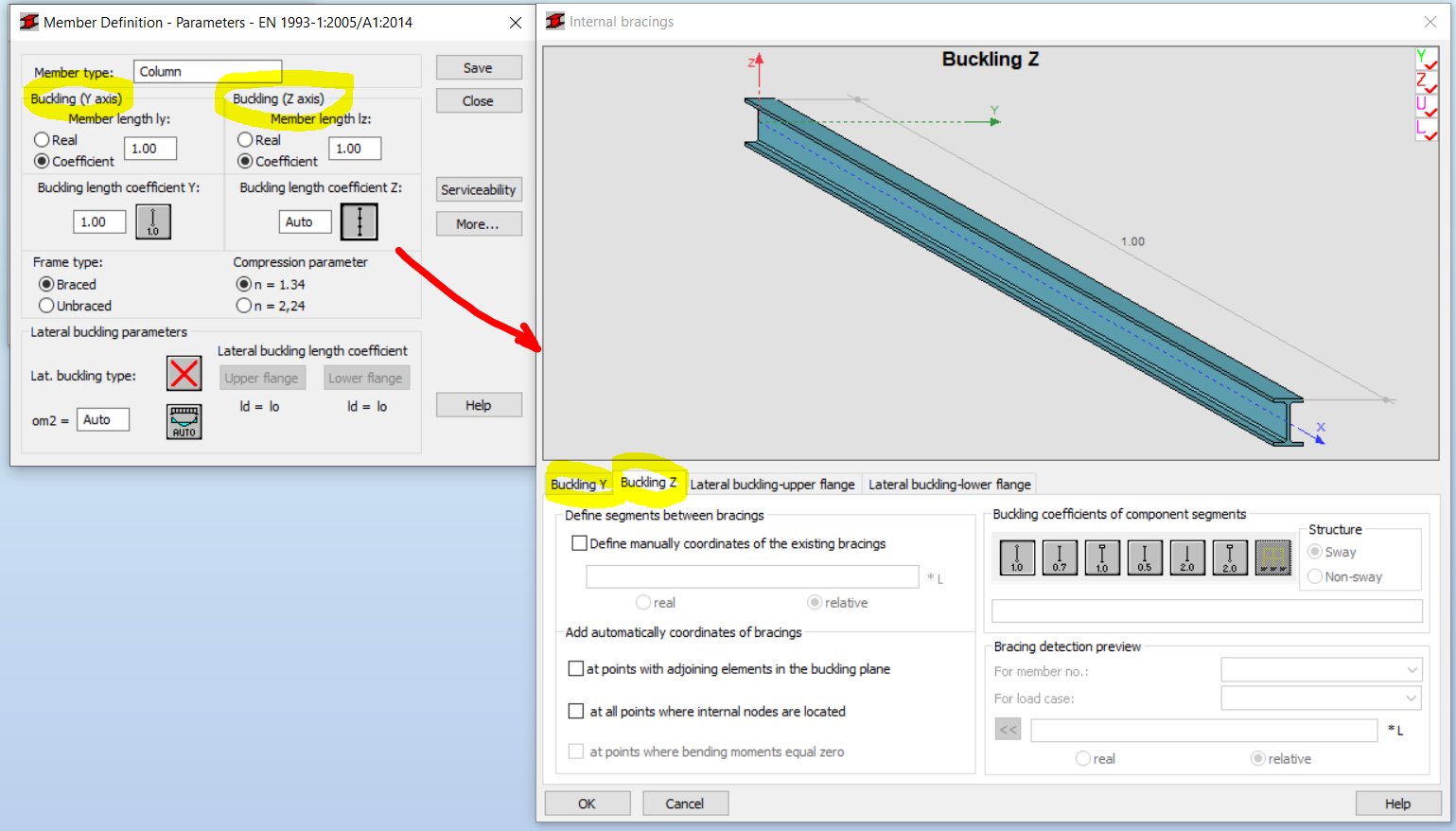 Does bucklingy mean buckling in y direction or around y axis while
