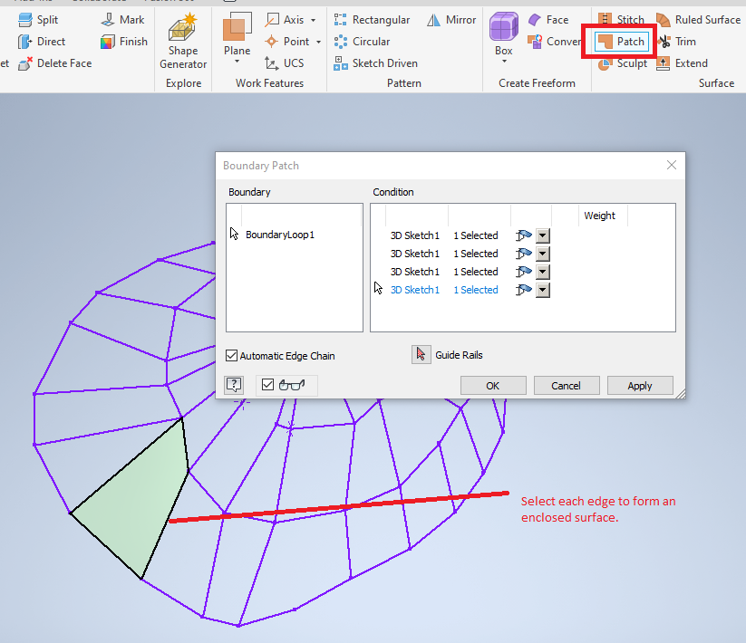 How to create a surface that can be used to cut a solid in Inventor