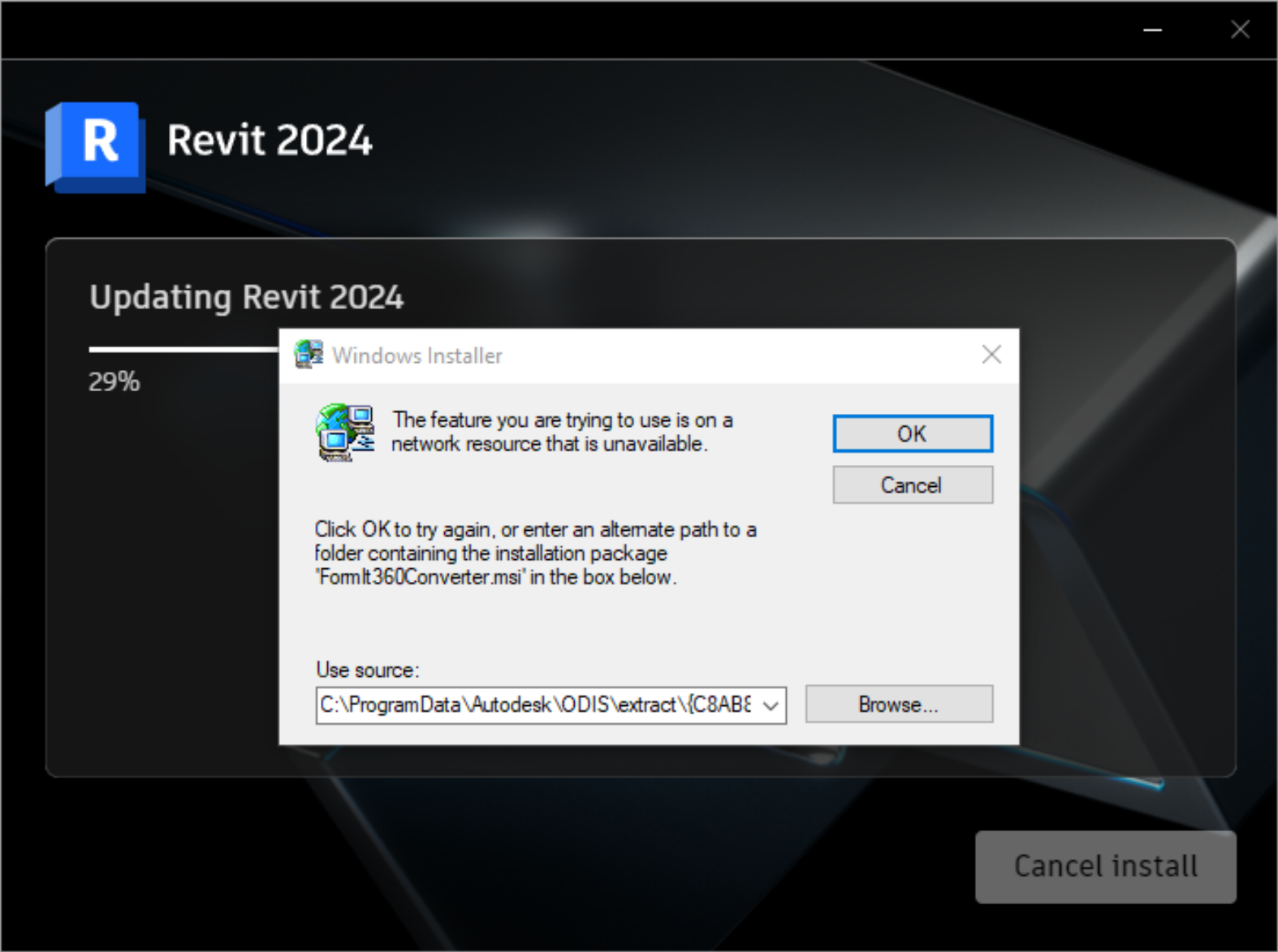 Revit 2024.2 Update를 설치할 때 FormIt360converter.msi를 찾는 "사용하려는 기능이 사용할 수
