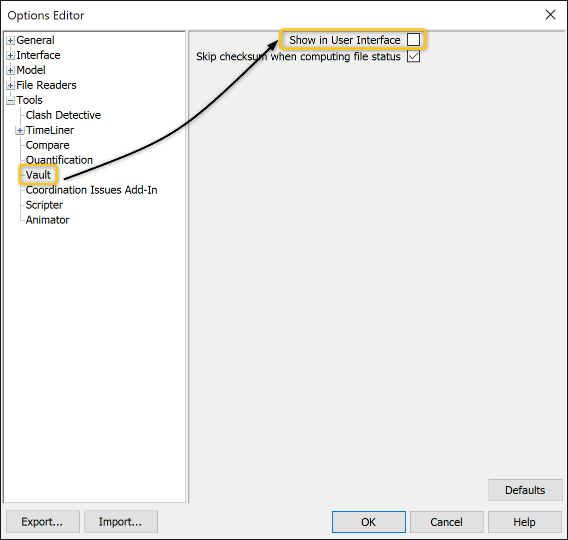 O Navisworks Manage falha quando o complemento do Vault é mostrado na