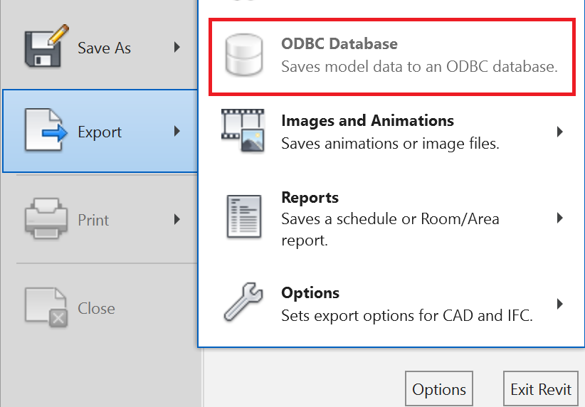 ODBC Export button is greyed out in Revit 2023