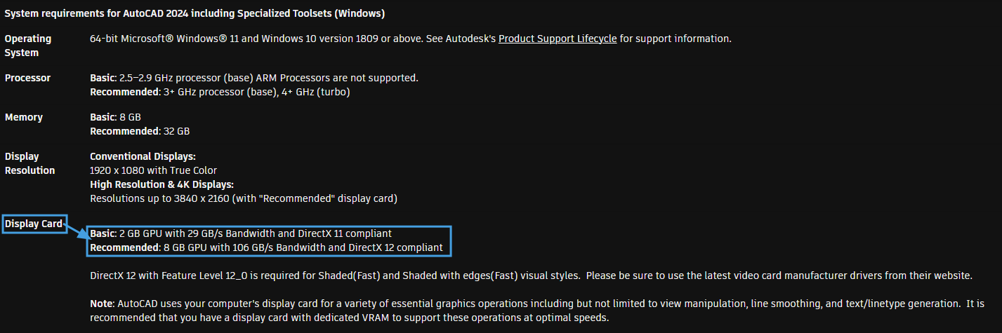 System requirement for Graphic Card spec in AutoCAD system requirement.