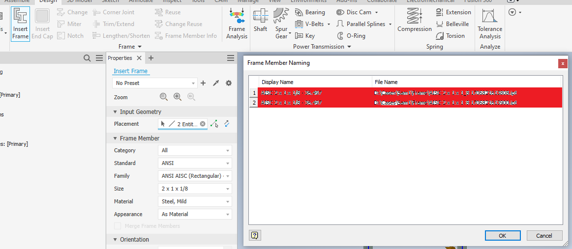 When saving a frame member in Frame Generator the naming dialog box is