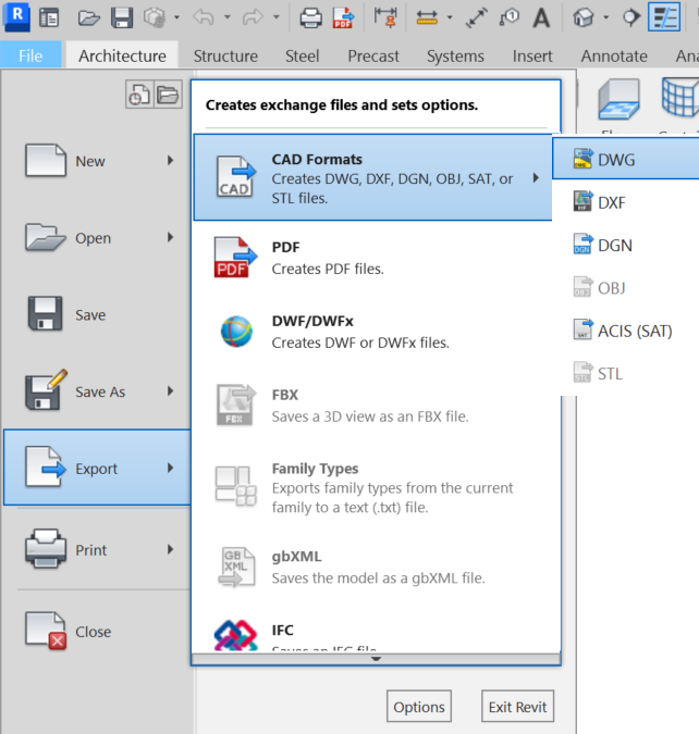 How to export a DWG file from Revit including Coordinates?