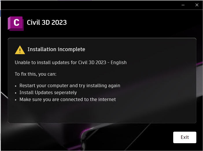 Unable to install updates for Civil 3D 2023