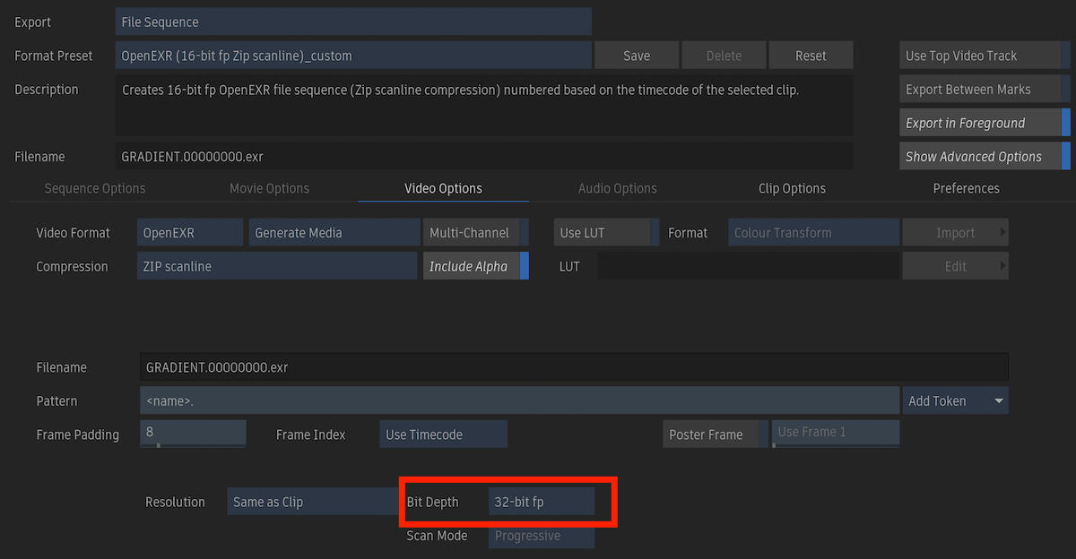 FlameからOpenEXR 32 bit fpエクスポートを行う設定はどこにありますか