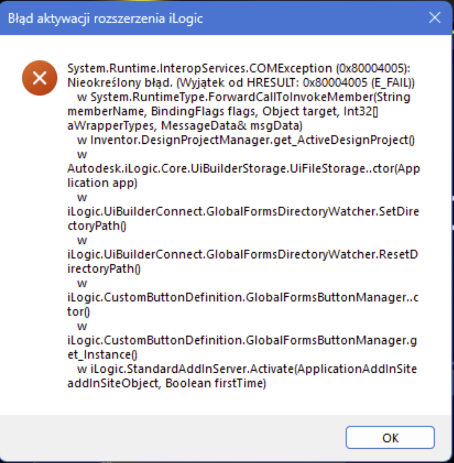 When starting Inventor the warning appears 'ILogic Activation Error ...