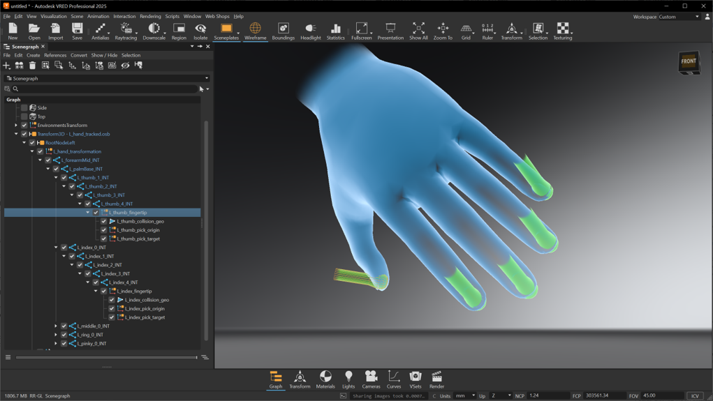 VRED の VR/MR モードでの青い手の複数の指のタッチ感度を拡張