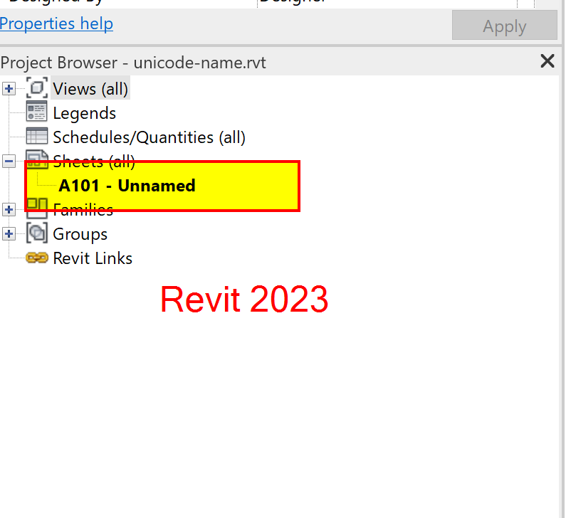 Revit 的项目浏览器中将显示包含 Unicode 字符的方块