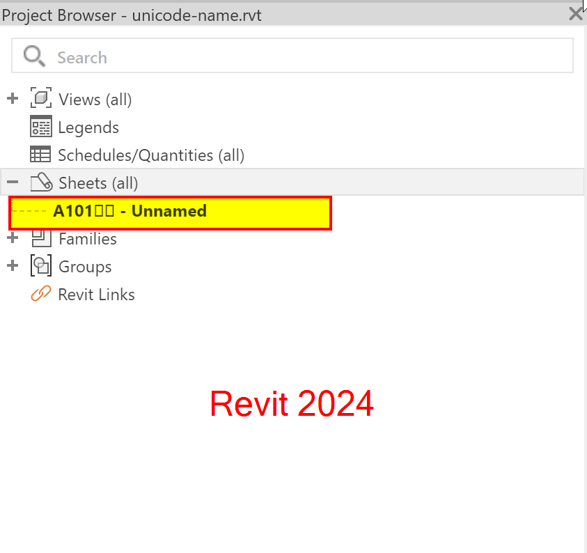 Quadrate werden im Projektbrowser in Revit mit Unicode-Zeichen angezeigt