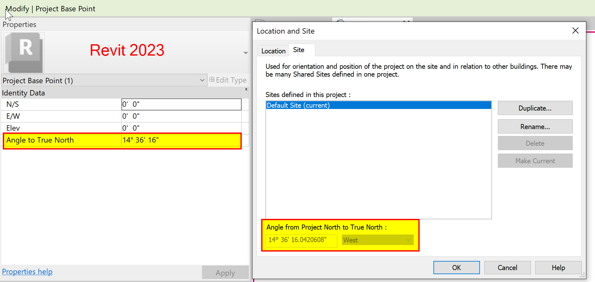 Revit の位置と外構ダイアログで、プロジェクトの北から真北への回転角度が正確でない