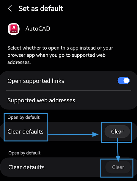 如何在 Android 上的 AutoCAD Mobile 中重置用于打开 PDF 的默认应用程序？
