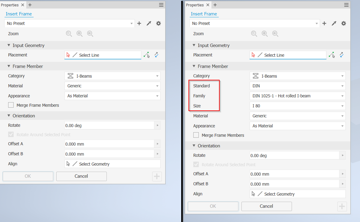 'Standard', 'Family' and 'Size' fields are missing when using Insert