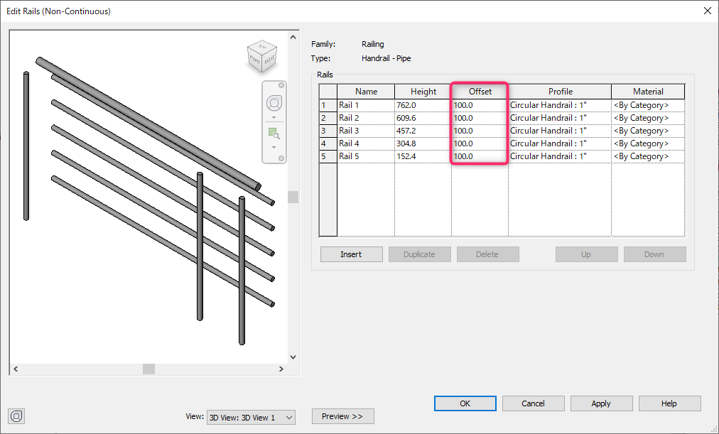 手摺子と手すりの横桟のオフセットのプラスマイナスの方向が異なる(Revit)