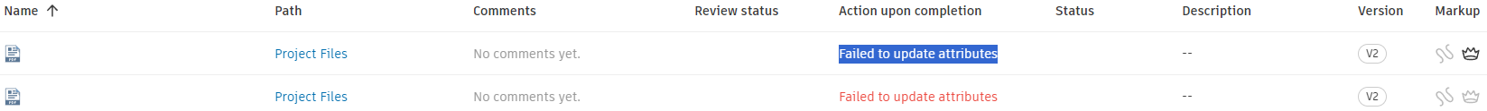 'Failed to update attributes' message appears in completed design ...