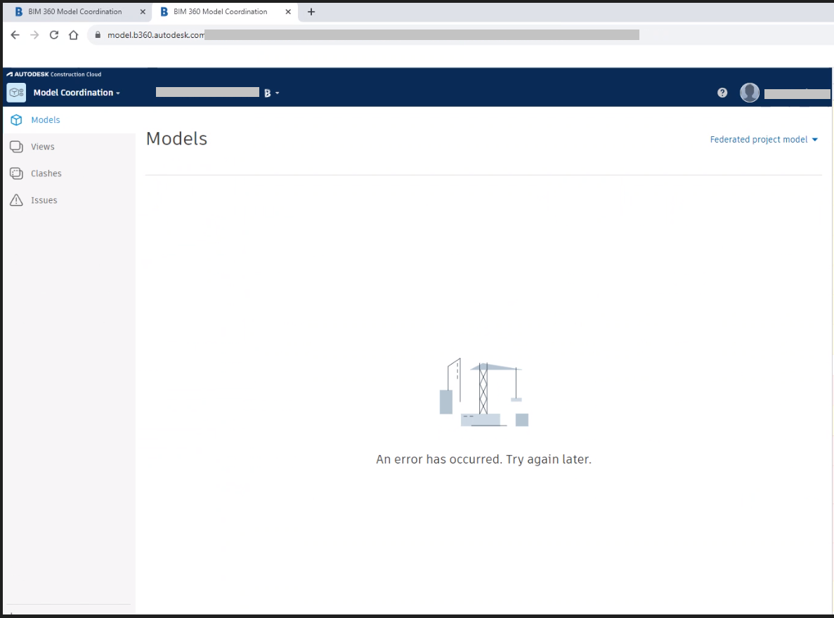 "An error has occurred. Try again later" appears in Model Coordination ...