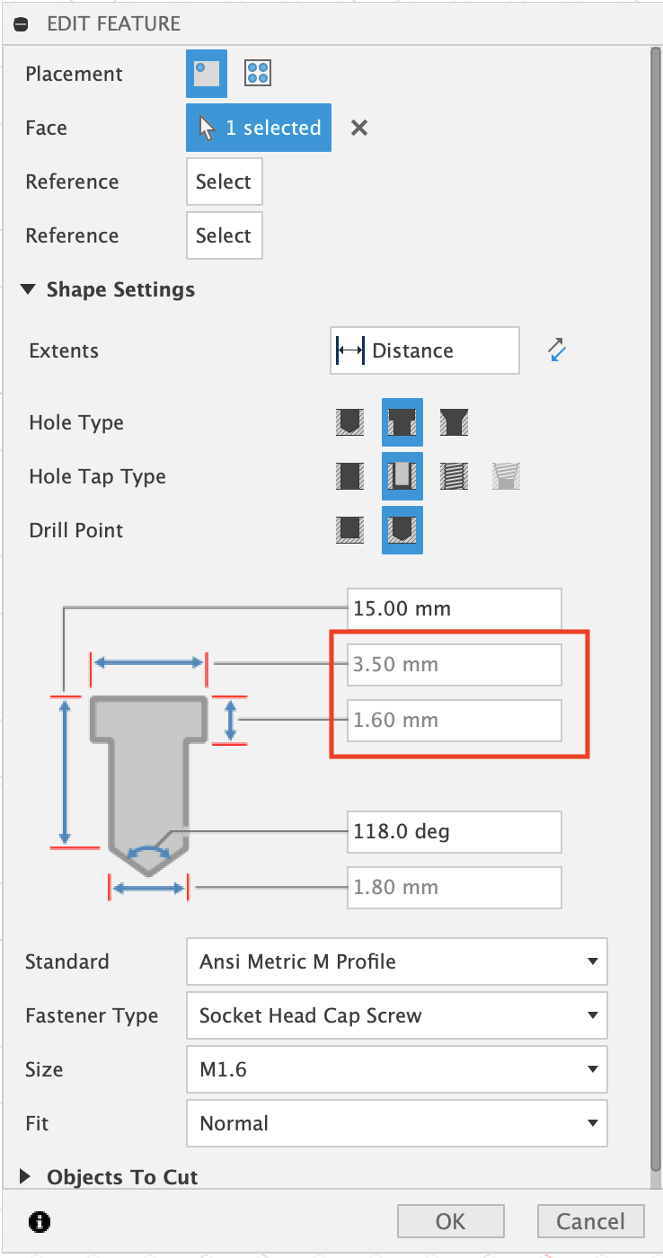 How to set custom counterbore diameter and depth in Fusion