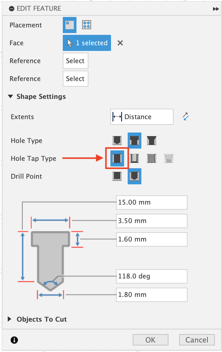 How to set custom counterbore diameter and depth in Fusion