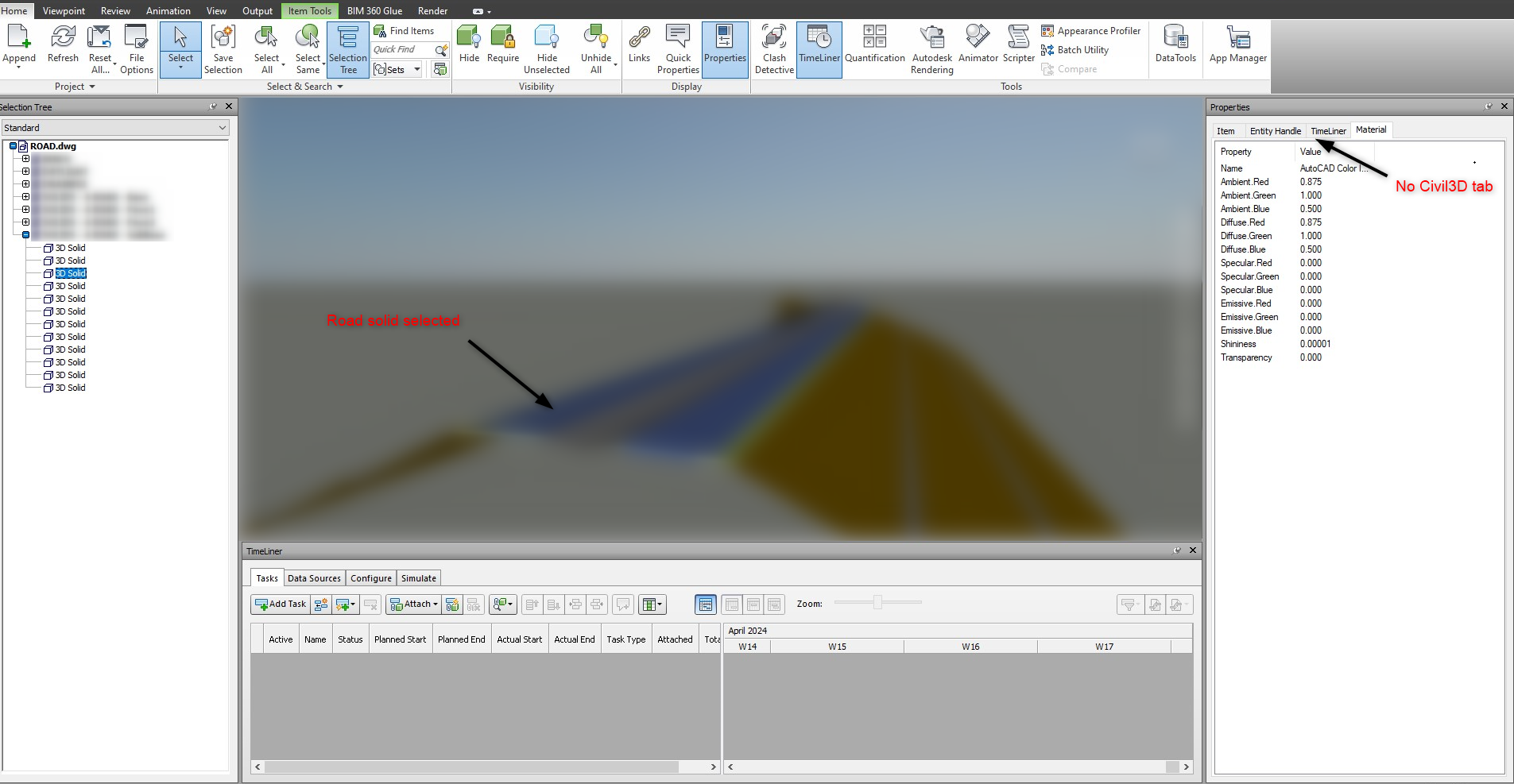 Navisworks 2023 中缺少从 Civil 3D 中提取的特性集数据