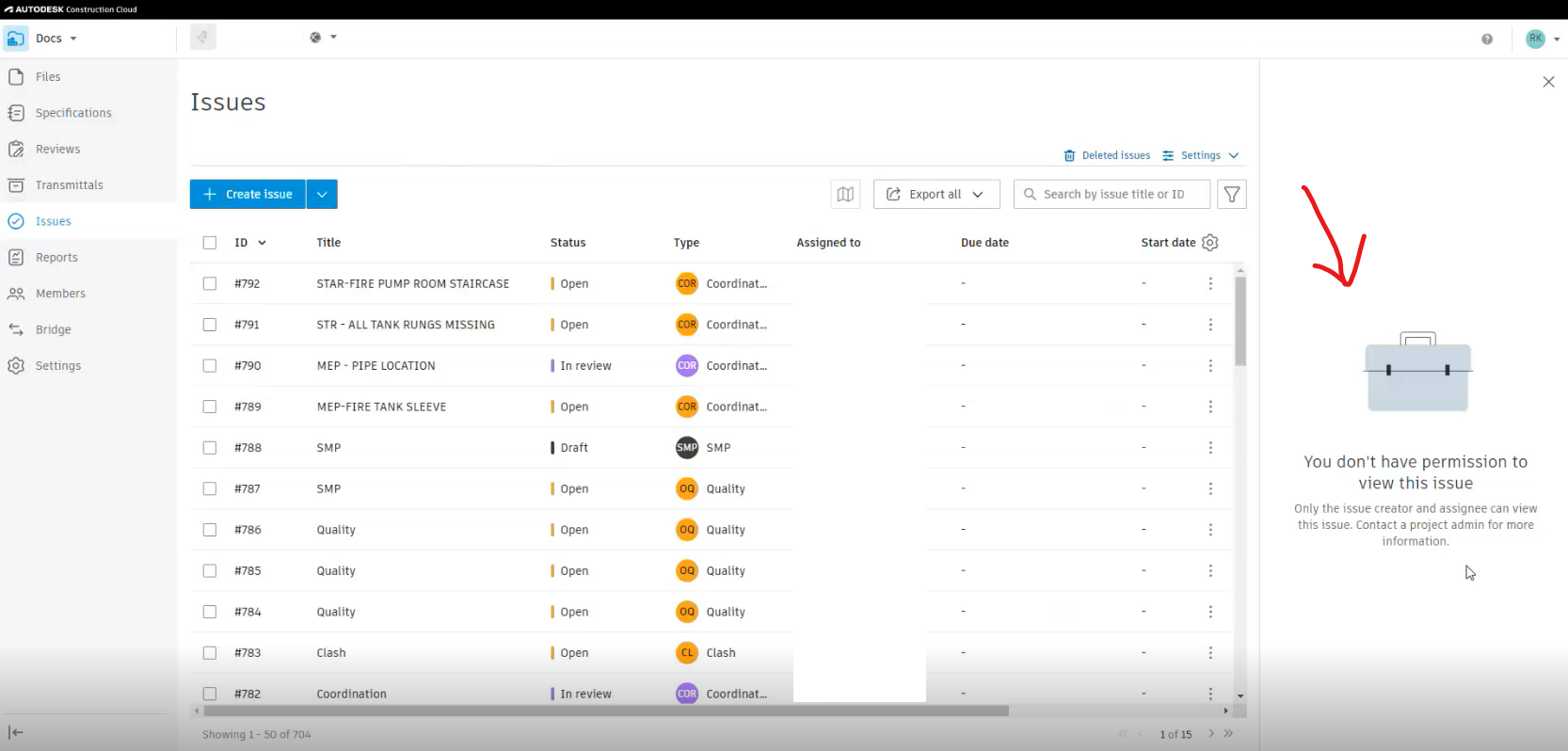 具体问题条目在 ACC 中对 Project Admin 不可见