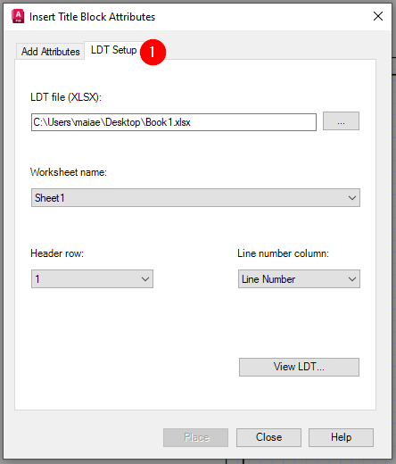 Place button in LDT setup of AutoCAD Plant 3D