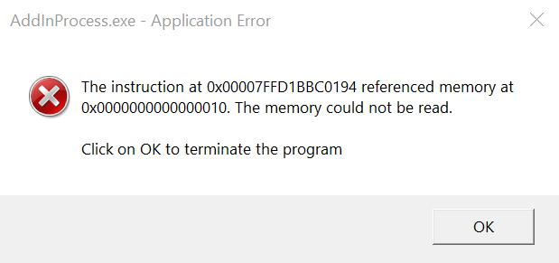 AddInProcess.exe-Application Error