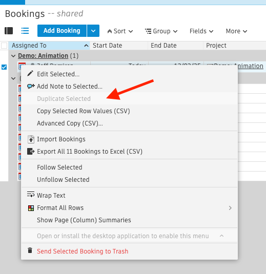 Autodesk Flow Production Tracking の予約エンティティの「選択した項目を複製」がグレー表示される
