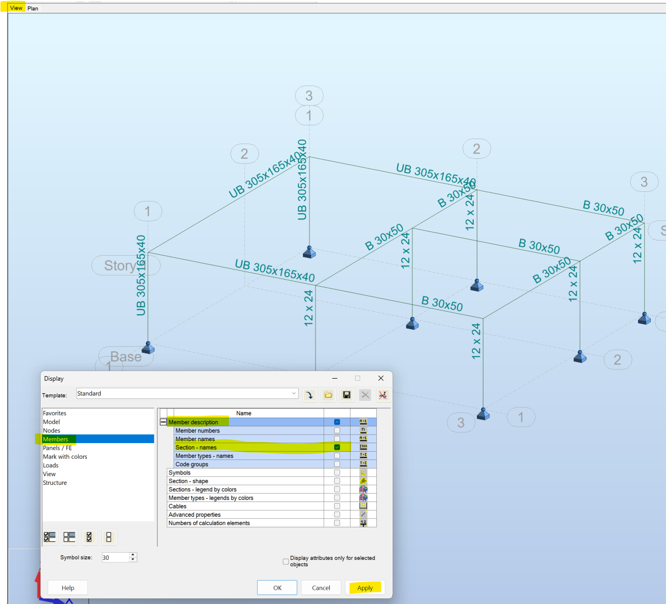 Robot Structural Analysis の建築構造の平面図に柱ラベルを表示する