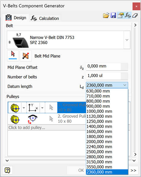 Add another length to V-belts in Inventor Design Accelerator