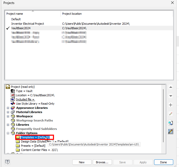 Templates path in Vault type Inventor project is locked but must be changed