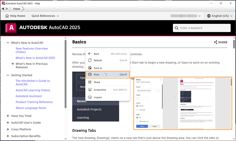 How can articles from AutoCAD Help be printed or exported to PDF?