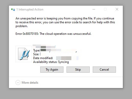 Error 0x80070185: The cloud operation was unsuccessful&rdquo; appears 