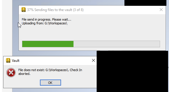 “文件不存在： G：\Workspaces\。检入已中止“，当尝试检入 Vault Basic 中的特定Inventor数据集时