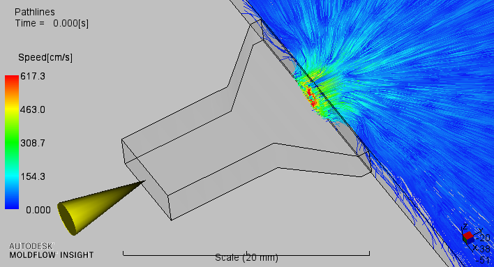 Results displayed at a single point of contact for a tab gate in Moldflow