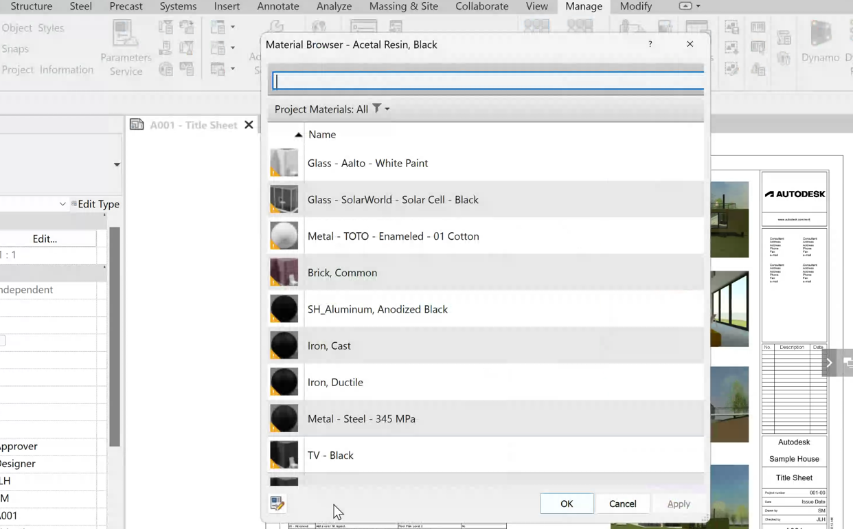 The material browser is incomplete in Revit