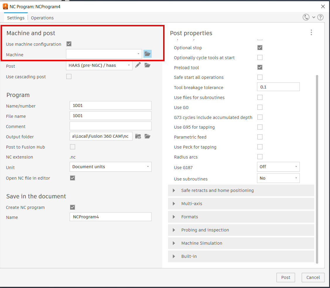 Post Properties is now missing certain options in Autodesk Fusion