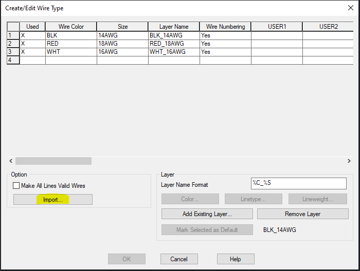 Blank wire types in Create/Edit Wire Type dialog in AutoCAD Electrical