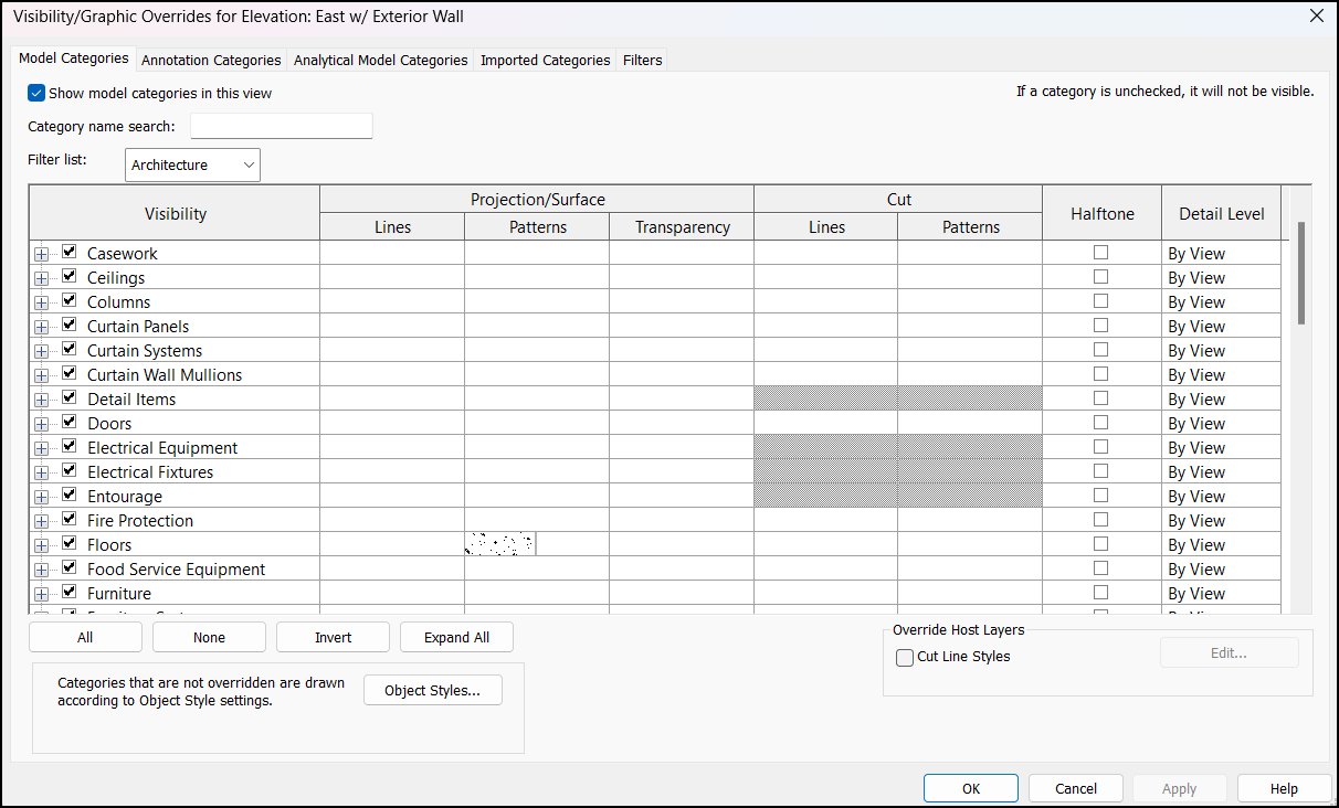 Materials for floors/ceilings not displaying in elevation views in Revit