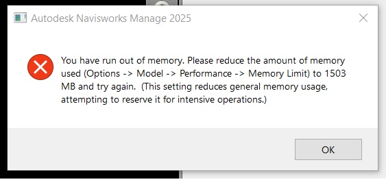 メモリが足りなくなりました」メッセージ Navisworks で DWFX を開く